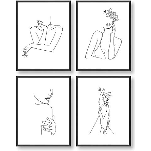 Minimalist Wall Art, Black and White Wall Art, Aesthetic Wall Decor, Wall Art for Bedroom, Line Art for Girls Women Home Posters Prints, Bedroom Wall Art, Bathroom Decor (Set of 4, 8X10in, Unframed) Cover