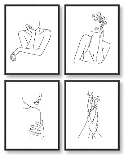Minimalist Wall Art, Black and White Wall Art, Aesthetic Wall Decor, Wall Art for Bedroom, Line Art for Girls Women Home Posters Prints, Bedroom Wall Art, Bathroom Decor (Set of 4, 8X10in, Unframed)