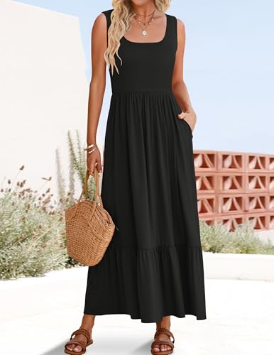 ZESICA Women's 2025 Summer Sleeveless Dress Square Neck Pleated Swing Casual Maxi Dresses with Pockets2