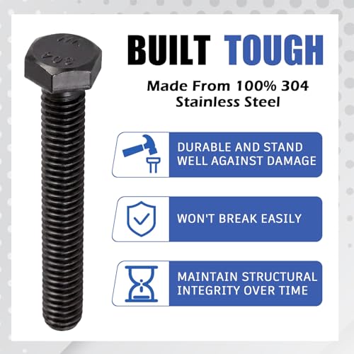 Image of Zonon 50 Pcs 3 /8-16 x 2-1 /2 inch Hex Head Screw Bolt 18-8 (304) Stainless Steel Hexagon Bolts, Fully Threaded, Plain Finish, External Hex Drive (Black)