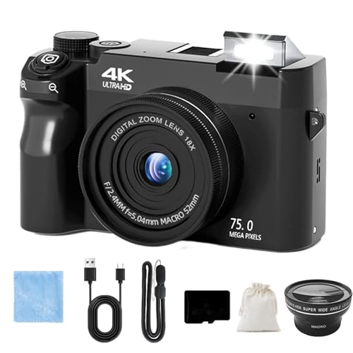 Digital Camera, Digital Camera 75mp 4K HD Video, 3.0 Screen Ultra HD Sensor & Smart Focus, Adjustable Smart Flash 19 Filters for Beginners (Black, 32G+Wide angle lens)