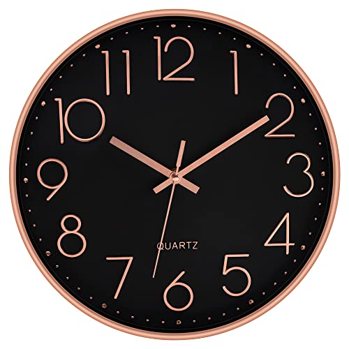 Image of Foxtop Modern Decorative Wall Clock, Silent Non-Ticking Quality Quartz Battery Operated Round Easy to Read for Home Office School (Rose Gold Plastic Frame, Black Dial, Arabic Numbers)