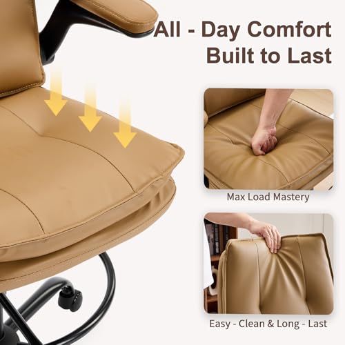 Image of Karl home Tall Drafting Chair, Faux Leather Khaki | 330Lbs Capacity, Tall Office Chair for Standing Desk, Adjustable Height with Foot Ring, Flip-Up Armrests, PU Executive Chair