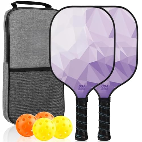 Image of Pickleball Paddles Set of 2 or 4, USAPA Approved Pickleball Paddles Set with 4 Pickle Balls and Carry Bag, Fiberglass Rackets 2 Pack Gifts for Beginners&Pros (Light Purple)