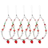 CONGARTENO 5 Stück Pack Erdbeer Handyanhänger mit Perlen Handgelenkschlaufe aus Kunststoff Universelle Handy Dekorationskette für Smartphones Weiches Armband für Sicheren Halt