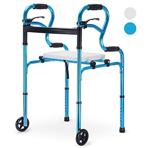 Health Line Massage Products 4 in 1 Stand-Assist Folding Walker with Detachable Seat, Trigger Release and 5" Wheels Supports up to 350 lbs, Compact Lightweight & Portable - w/Bonus Glides, Blue