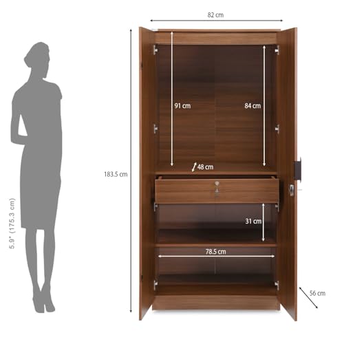 Image of Nilkamal Milford 2 Door Wooden Wardrobe for Bedroom | Almirah with 3 Shelves, 1 Hanging Rod & 1 Drawer | Clothes Cupboard | Engineered Wood | Classic Walnut