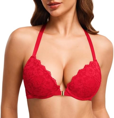 DOBREVA Damen Vorderverschluss Push up BH mit Bügel | Spitzen BHs, Neckholder, Racerback, Tiefer Ausschnitt, Gepolsterter