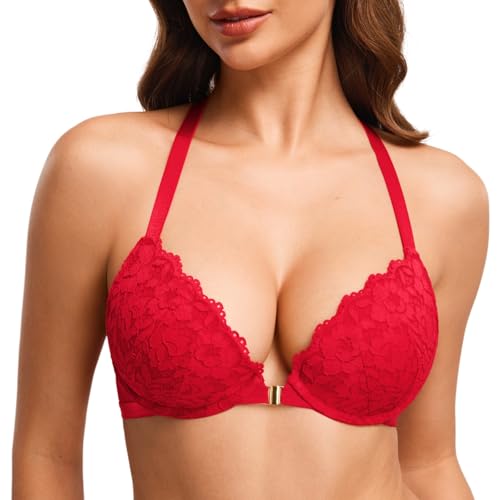 Image of DOBREVA Women's Front Closure Push Up Bra Underwire | Floral Lace, Racerback, Sexy, Cleavage, Padded, Plunge, Party, Date, Supportive