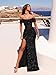 Prom Dresses for Women Long Formal Off Shoulder Cocktail Evening Gowns Sequin Tulle Wedding Guest Sexy Party Dress Black-M