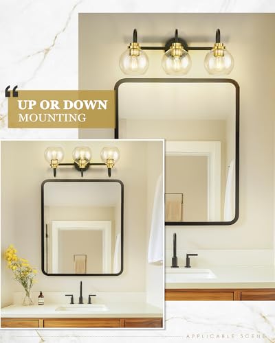Image of Bathroom Light Fixtures, 3-Light Black and Gold Vanity Lights with Globe Clear Glass, Modern Vanity Lighting Fixtures Over Mirror, AD-22280-3W-KG