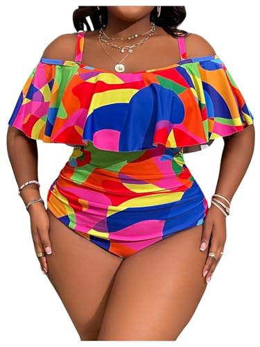 WDIRARA Women's Plus Size One Piece Swimsuit Color Block Ruffle Cold Shoulder Swimwear