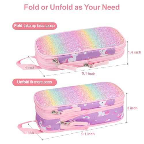 Image of Bagseri Pencil Case for Girls - Expandable Cute Pencil Pouch for Kids Special Pencil Box Large Capacity Pencil Bag Organizer for School (Glitter Purple Unicorn)