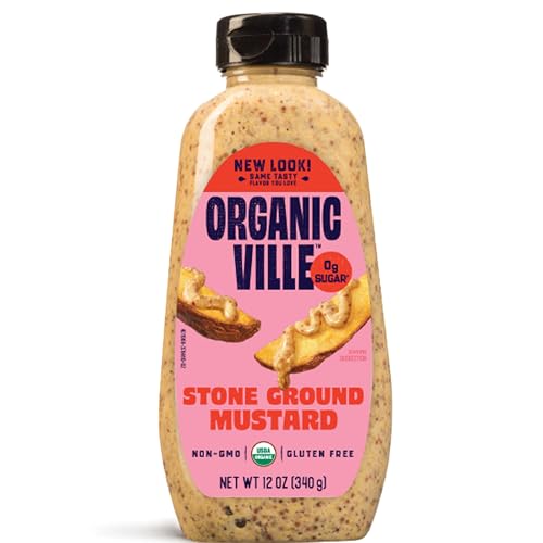 Image of Organicville Stone Ground Mustard - Organic Mustard, 0g Added Sugar, Mustard Stone Ground Organic, Vegan, Gluten Free, USDA Organic, Non-GMO, Whole 30, Paleo, Keto-Friendly - 12 Oz