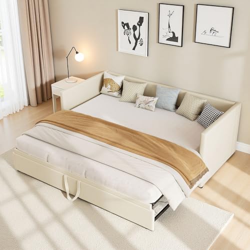 Aneutr Canapé lit Convertible 2 Places 90/180 x 200 cm, Canape Lit Rembourré avec sommier à Lattes, Canapé-lit gigogne, Extensible, Tissu Velours(sans Matelas) (Beige)