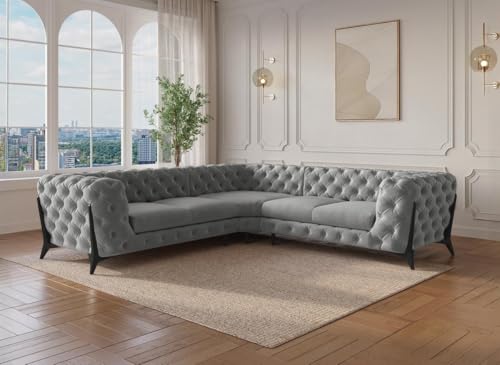 DecoInParis Canapé d'angle Fixe capitonné Chesterfield Velours Gris Carmen