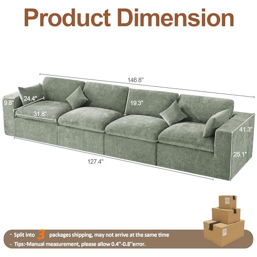 Image of 146''Cloud Boneless Sectional Couch, Modular Sectional Sofa Deep Seat, Oversized Upholstered Convertible Comfy 4 Seater Chenille Memory Foam Sofa Couches for Living Room, Green