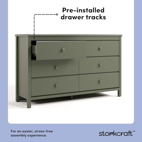 Image of Storkcraft Alpine 6-Drawer Dresser (Olive) - GREENGUARD Gold Certified, Green Dresser for Bedroom, Kids & Nursery Storage Drawers, Safety Interlocking Drawers, Pre-Installed Tracks, Kids Bedroom