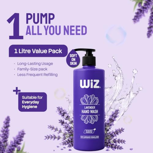 Image of Wiz Lavender Hand Wash 1 Litre Pump Bottle (Pack of 3)| Moisturizing Liquid Hand Soap with Soothing Lavender Fragrance | Gentle Daily Hand Cleanser for Kitchen & Bathroom | Improved Formula for Everyday Protection