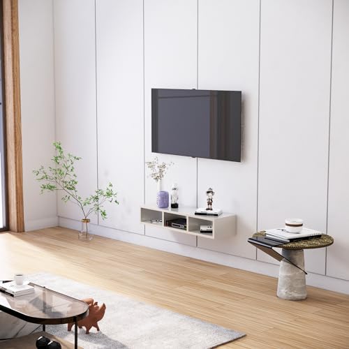 Image of TV Unit for Living Room 30 to 52 Inch, Engineered Wood TV Unit Wall Mounted Entertainment Unit Set Top Box Stand with Storage Shelves for Books & Decor Unit for Bedroom (Frosty White)