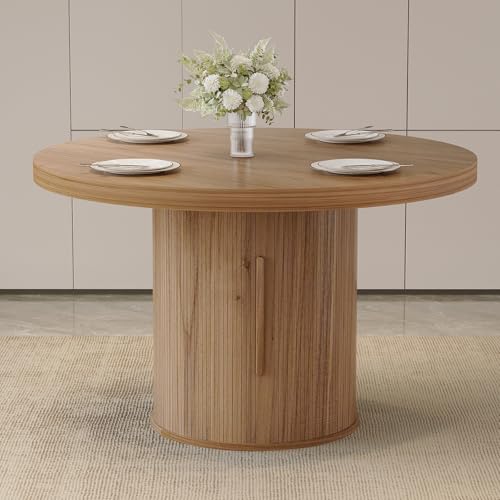 Image of HIPIHOM Round Wooden Dining Table with Storage, 43.3 inch Wood Tabletop, 2-Piece Semi-Circle Design, Pedestal Base Dining Table for Kitchen & Dining Room (Walnut Color Round Table)