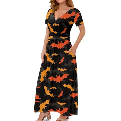 Image of Women's Fall Summer Short Sleeve Ankle Length V-Neck Party Dress with Pockets Size S-3XL