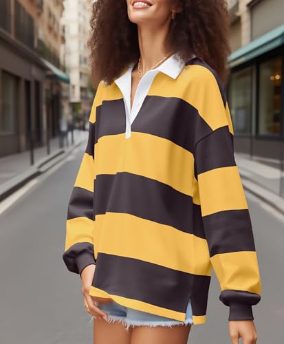 Y2k Women Striped Rugby Polo Shirt Long Sleeve Collared Oversized Vneck Sweatshirt Vintage Jersey Girls Streetwear3