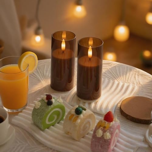 Image of CANDLE CHOICE Indoor Outdoor Flameless Candles with Timer Waterproof Realistic Flickering Battery Operated Pillar LED Lights with Acrylic Shell Wedding Party Christmas Decorations 6 Pack 2 inchx5 inch Brown
