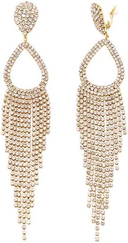 Rosemarie Collections Women's Stunning Bejeweled Crystal Rhinestone Teardrop Fringe Statement Shoulder Duster Earrings, 5.75" (CLIP ON Gold Tone)