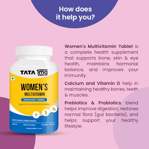 Image of Tata 1mg Women's Multivitamin Veg Tablet with Zinc, Vitamin C, Calcium, Vitamin D and Iron, Support Health Protection, Bones & Overall Health (Pack Of 60 Tablets)