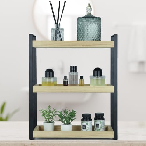 alma home Standregal Badezimmer Organizer - Badregal ohne Bohren 3-Ebenen aus Holz und Metall schwarz als Regal für Bad Aufbewahrung, Kosmetik oder Holzregal für Schminktisch