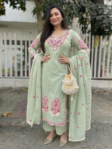 Image of GoSriKi Kurta Sets for Women Viscose Embroidered | Kurta Pant Dupatta Set | Straight Kurti Set for Women | Round Neck 3 /4 Sleeve Ethnic Suit | Designer Indian Kurti Outfit with Pants