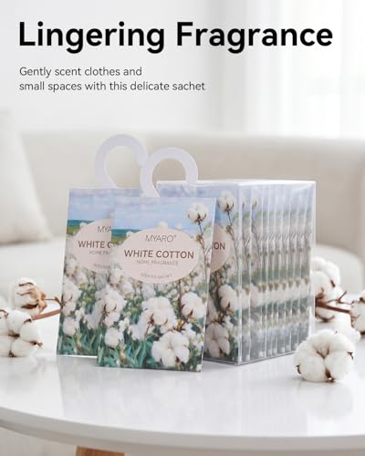 Image of MYARO Hanging Sachets Air Freshener for Home: 12 Packs Clean & Fresh Hanging Scented Sachet Bags for Closet, Clothes, Lingerie Drawer, Car, Bedroom, Laundry Fragrance Gift for New House (White Cotton)