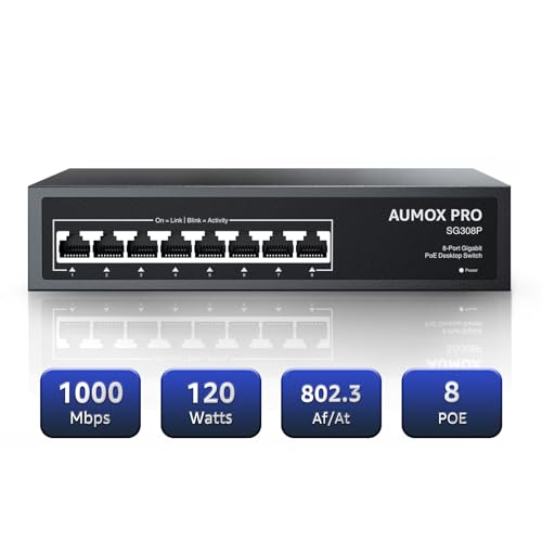 AUMOX PRO 8 Port PoE Switch Gigabit 120W, Gigabit Unmanaged Ethernet Switch, Plug & Play, 802.3af/at Compliant, Metal Housing, 8-Port Network Switch for Home/Office Energy Efficient Silent Operation