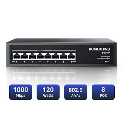 AUMOX PRO 8 Port PoE Switch Gigabit 120W, Gigabit Unmanaged Ethernet Switch, Plug & Play, 802.3af/at Compliant, Metal Housing, 8-Port Network Switch for Home/Office Energy Efficient Silent Operation