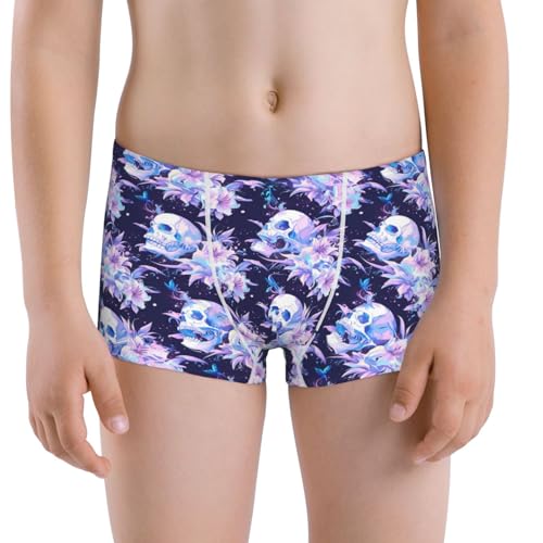 Boys' Cotton Boxer Brief Soft Underwear-Blue Starry Sky Skull Flower