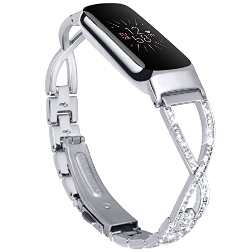 V-MORO Bracelets Compatible with Fitbit Luxe, Adjustable Jewelry Metal Stainless Steel Strap Wristband With Bling Stone Band Replacement for Fitbit Luxe Fitness and Wellness Tracker Women Men