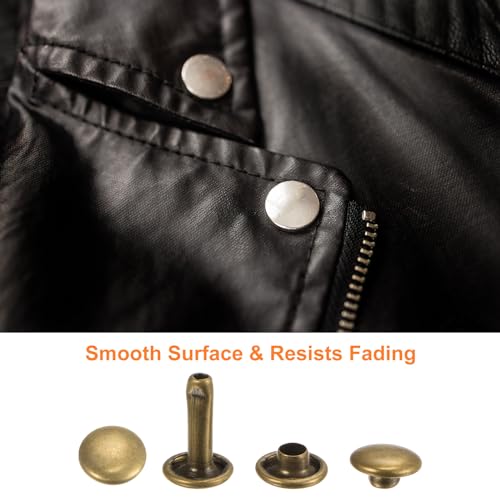 QUARKZMAN 100 Sets Ledernieten, 12 x 12 mm, Metall, Doppelkappe, Nieten, Druckknöpfe, Nieten, Verschlüsse mit 3 Setzwerkzeugen, Nieten für Lederhandwerk, DIY, Reparatur, Dekoration, Bronze