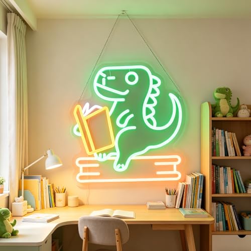 Image of Reading Dinosaur Neon Sign, Book Lover Led Neon Light, Bookish LED Sign, Bookworm Reading Club Light, Kid's Room Decor, Game Room Wall Art, Christmas & Birthday Gifts