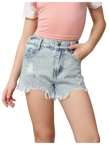 Image of Floerns Girl's Ripped Raw Hem Elastic Waist Straight Leg Denim Shorts with Pockets