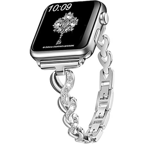 SaNgaiMEI Wristband Compatible for Apple Watch Strap 38mm 40mm 42mm 44mm Women Metal Stainless Steel Rhinestone Iwatch Strap with Apple Watch Series SE/6/5/4/3/2/1Bracelet Silver Cover