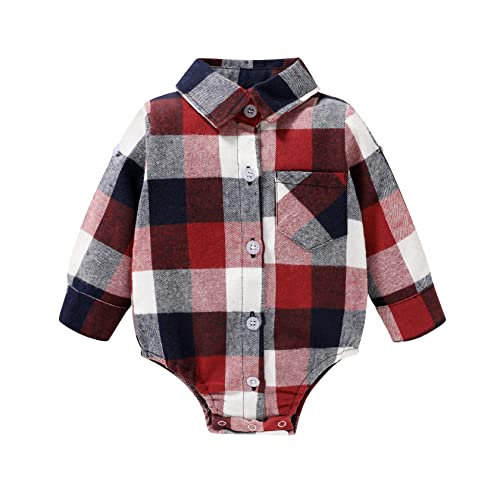 Image of HAPPYMA Newborn Baby Boy Girls Plaid Outfit Flannel Romper Tops Infant Long Sleeve Button Down Plaid Casual Bodysuit Clothes
