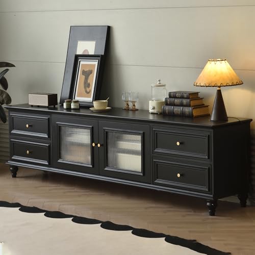 Aipunlus Mueble bajo para TV con 4 cajones y frentes de cristal, mueble de TV retro, consola de medios para salón, TV de madera, mueble moderno con espacio de almacenamiento, color negro, 240 cm