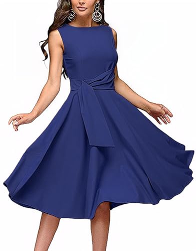 Image of FENJAR Women's Elegance Audrey Hepburn Style Ruched Dress Round Neck Sleeveless Swing Midi A-line Dresses (US, Alpha, Small, Regular, Regular, Blue)