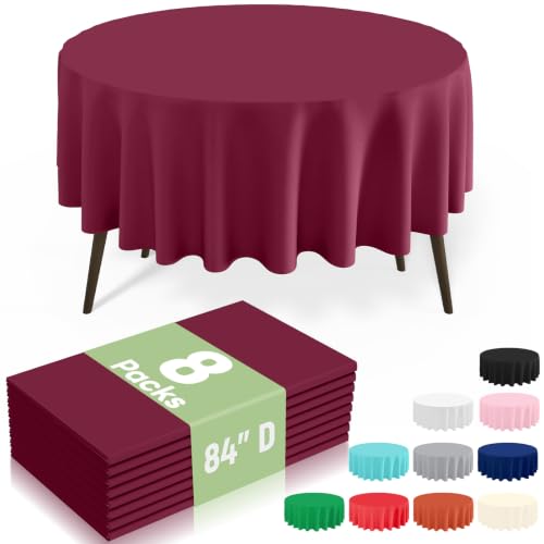 Image of misaya 8 Packs Disposable Plastic Table Cloth, 84 inch Round Waterproof Tablecloth, Leakproof & Sturdy Decorative Table Covers for Picnic, Party, Outdoor and Back to School, Wine Red