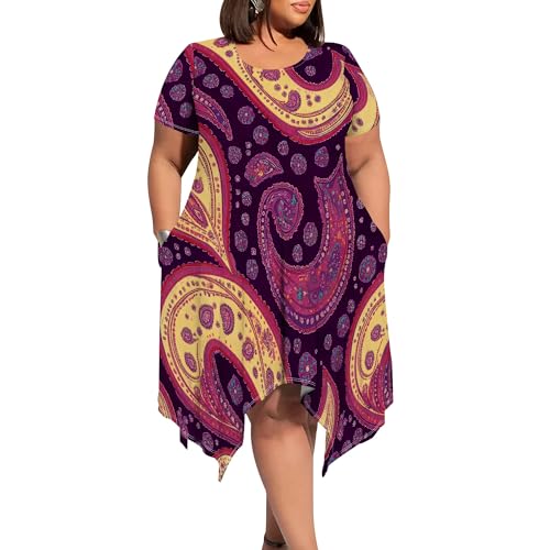 Image of Womens Summer Plus Size Crewneck Midi Dress Short Sleeve High Waist Dresses A Line Smocked Sundress with Pockets