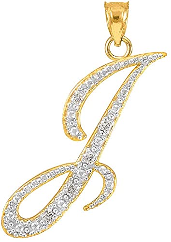 14K Yellow Gold Diamond Accented Fine Dangling Cursive Initial A-Z Charm 3/4" Pendant (J-K Color, I1-I2 Clarity) - Script Letter J