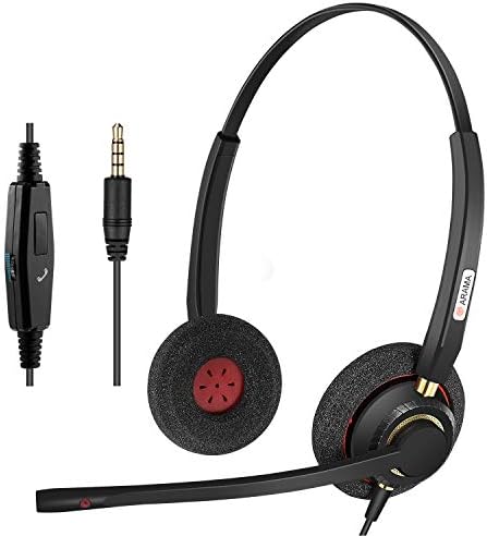 Arama 3.5mm Cell Phone Headset Dual, Pro Noise Canceling Mic and in-line Controls Corded Truck Driver Headsets for iPhone, Samsung, LG, HTC, BlackBerry Mobile Phone and iPad Tablets Skype A800J35
