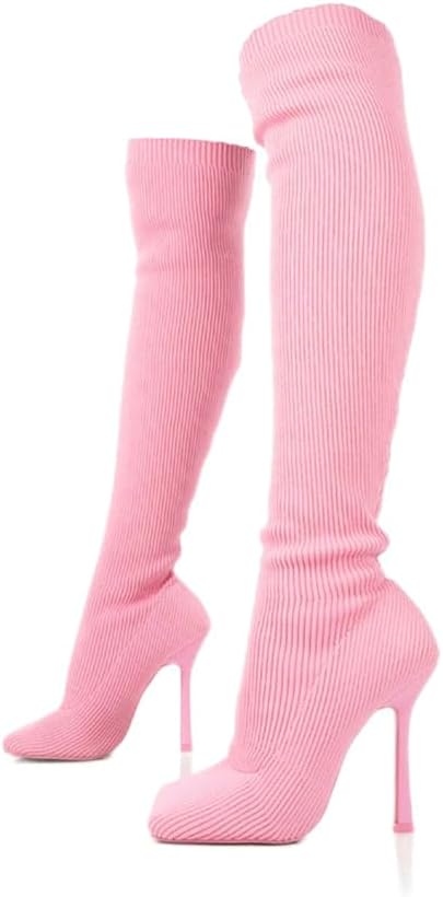 Ulalaza Women’s Casual Stylish Knee High Boots Artificial Suede Inner Pointy-toe Lace-up Zipper Mid Heel Stretch Legs Comfort for Walking