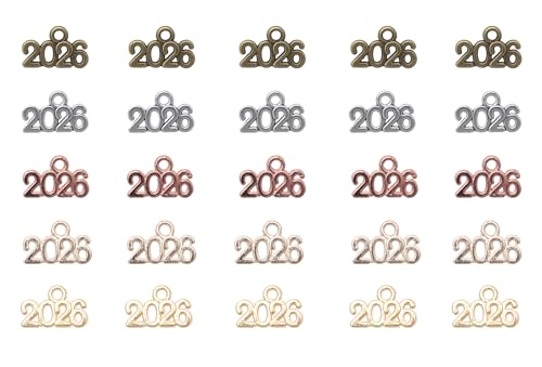 Ruwado 50 Pcs 2026 Charms Silver Year Signet Bulk Antique Number Pendants for Jewelry Making Finding Craft Accessories Necklace Bracelets Keychain DIY Project Christmas Dcor (Colorful 2026)
